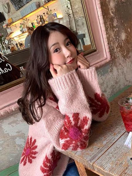 

women's 2021 korean new autumn and winter loose pullover ladies pink fz166 floral print printed female sweater outwear, White;black