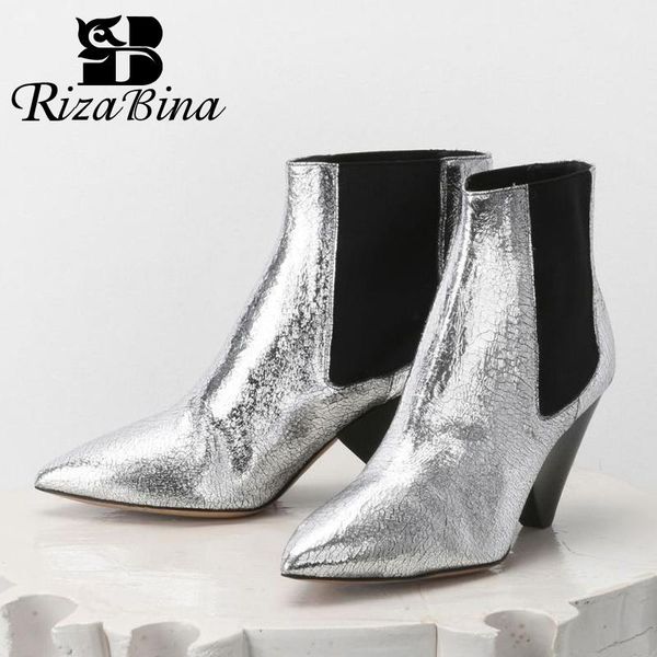 

boots rizabina ankle for women real leather winter fashion shoes pointed toe casual cowboy high heel size 33-43, Black