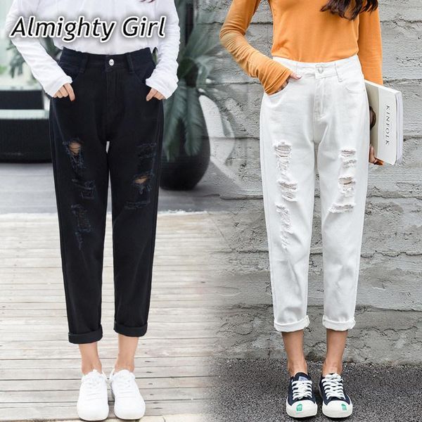 

women's jeans mom denim crop ankle length white black high waisted ripped for women vintage ladies boyfriend baggy loose pants 019, Blue