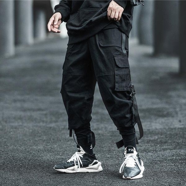 

casual ribbons hip hop men autumn cargo pants japanese tooling track streetwear male tactical trousers pencil bottoms joggers, Black