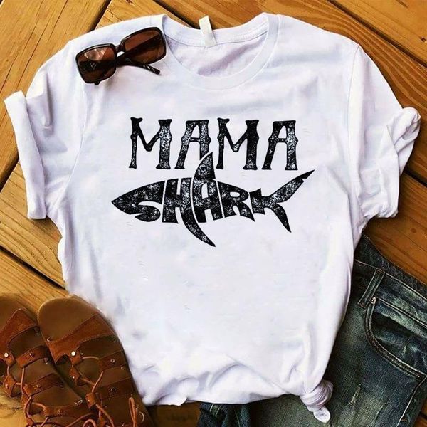 

women lady t shirt mama shark printed tshirt ladies short sleeve loose tee shirt women female clothes graphic t-shirt, White