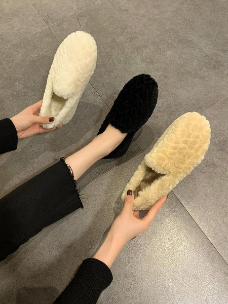 

round toe women's shoes platform modis slip-on casual female sneakers shallow mouth loafers fur 2020 winter slip on, Black