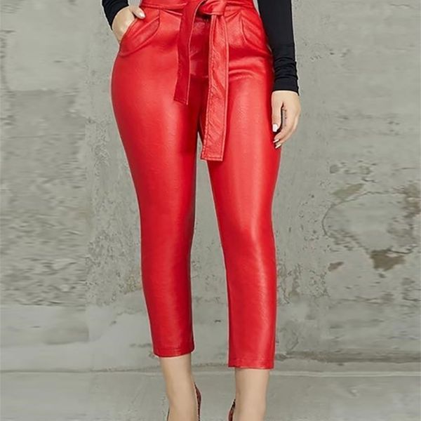 

summer women ol frills high waist sashes ankle-length pants solid fashion skinny pu pencil pants y200114, Black;white