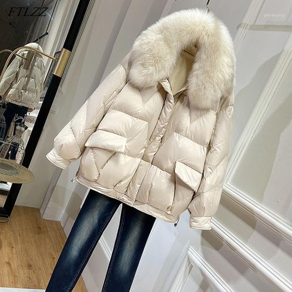 

ftlzz new winter women 90% white duck down fur collar puffer jacket casual loose thick warm parker snow outwear1, Black