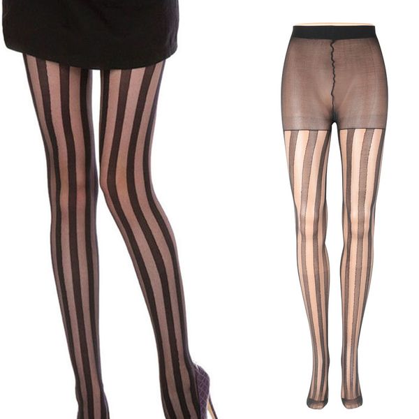 

1 pc black punk gothic nylon spandex vertical stripe women girl victorian lolita sheer rock tights pantyhose stockings, Black;white