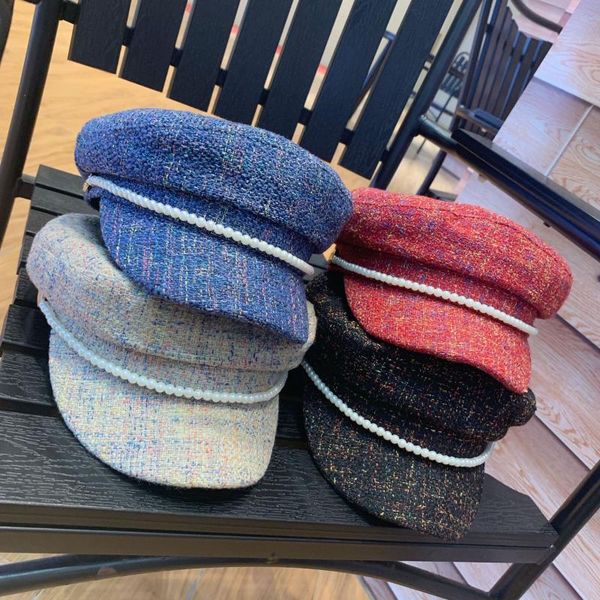 

women visors cap autumn broken point tweed pearl ribbon leisure lady octagonal hat, Blue;gray