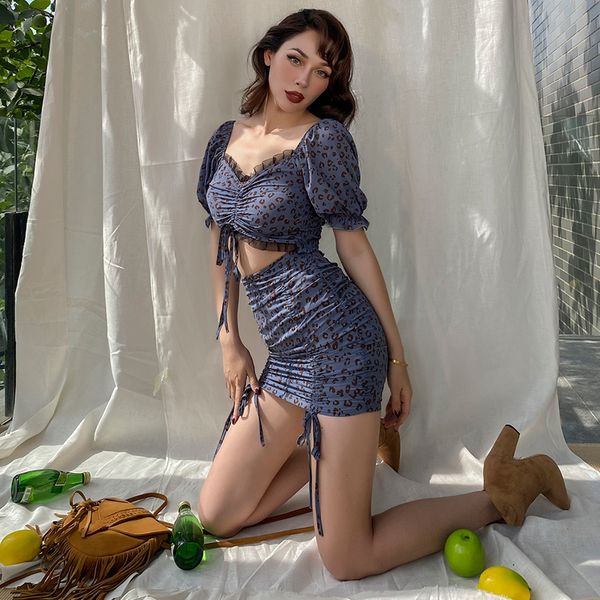 

2021 new super nice blue-gray leopard short sleeve + hip wrap high waist mini skirt suit 2 piece defines women's clothes nbyk, Black;gray