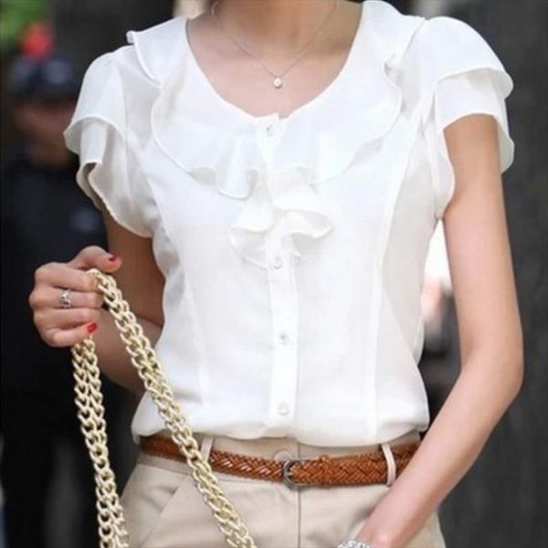 

5xl plus size new summer women blusas fashion short sleeve ruffles chiffon blouse solid white blusas casual summer blouses