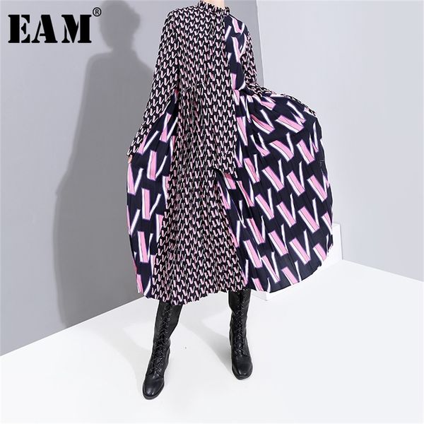 

[eam] women pattern print split temperament dress new bow collar long sleeve loose fit fashion tide spring autumn lj200818, Black;pink