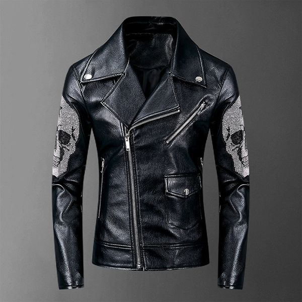 

skulls diamonds mens jackets and coats high street style turn-down neck streetwear slim pu jacket men casacas para hombre 201119, Black;brown