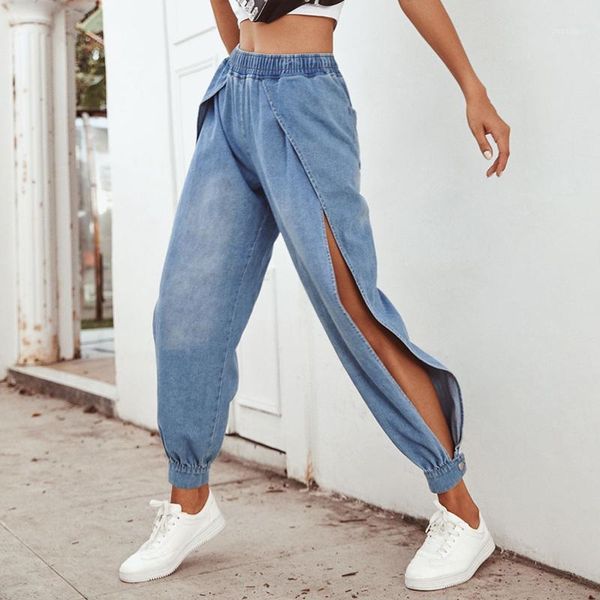 

denim pants women loose denim jeans pants split legs solid elastic waist pockets beam feet autumn trousers female1, Blue