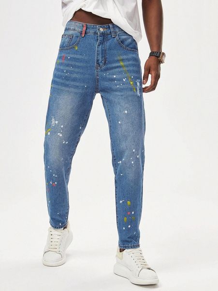 

men splash ink cat whisker washed tapered jeans k74e#, Blue