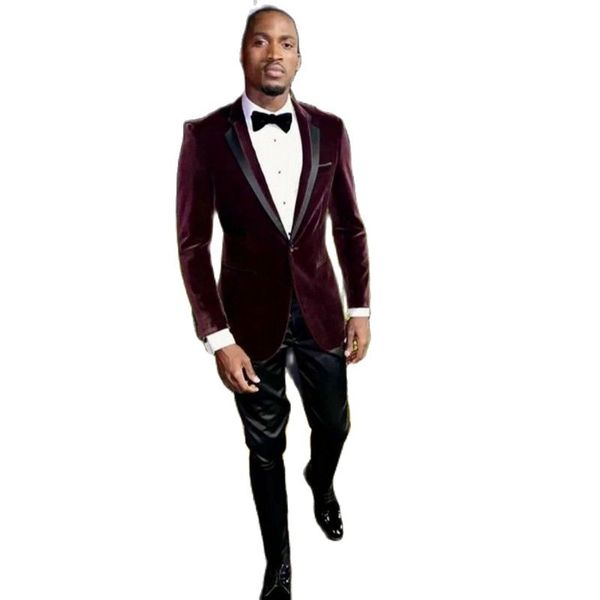 Nuovi arrivi Smoking dello sposo bordeaux scuro Notch risvolto Uomo Prom Abiti da lavoro 2 pezzi Pantaloni da barca Set2919