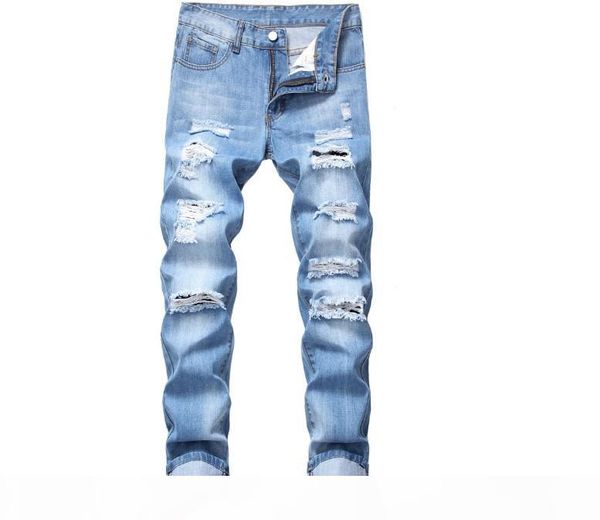 

men's fashion slim fit personality straightl casual ripped jeans denim pants jeans men skinny men vaqueros hombre, Blue