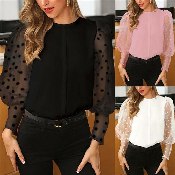 

fashion white shirt women o neck lantern sleeve perspective dot mesh sleeve casual loose chemise blanche femme 45