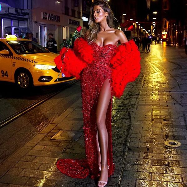 

red beaded crystal sweetheart mermaid evening dresses high split ruffle tulle sleeves zipper back vestidos formal party dress, Black;red