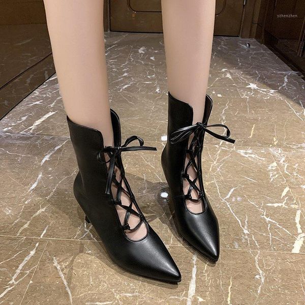 

fashion womens ankle boots high heels lady platform pumps lace up shoes 2021 female botas mujer size 34-401, Black