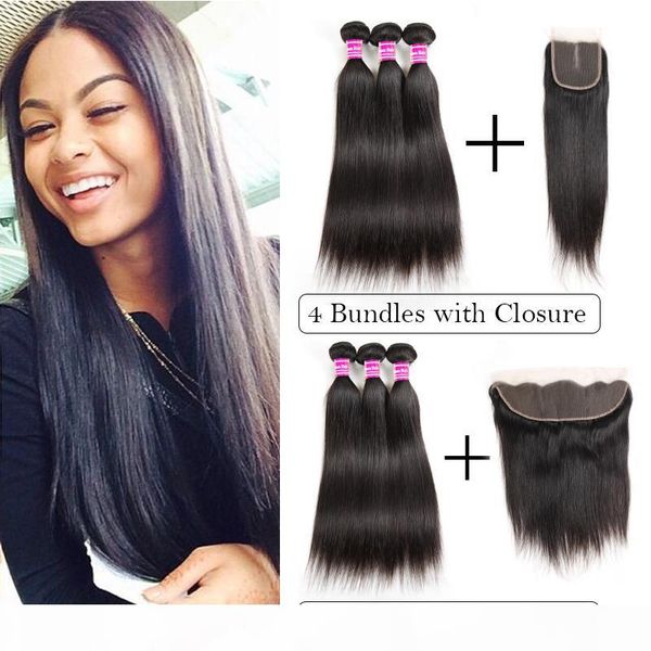 

new arrivals malaysian straight human virgin hair weaves 3 bundles with lace closure frontal unprocessed 8a mongolian hair extensions wefts, Black