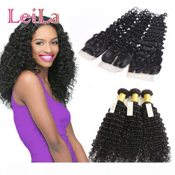 

malaysian 3 bundles with 4 x 4 lace closure deep wave unprocessed human hair weave hair extensions black natural color, Black;brown