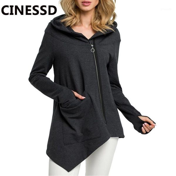 

cinessd women hooded casual coats solid long sleeve zipper cardigan hoodie sweatshirt irregular thumb hole pocket jacket1, Black;brown