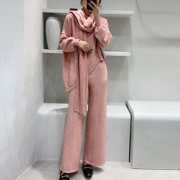 

2021 new 3 feminine pieces loose mesh solid knitted-neck knit pullover scarf elastic waist pants long leg winter jtyw, Gray