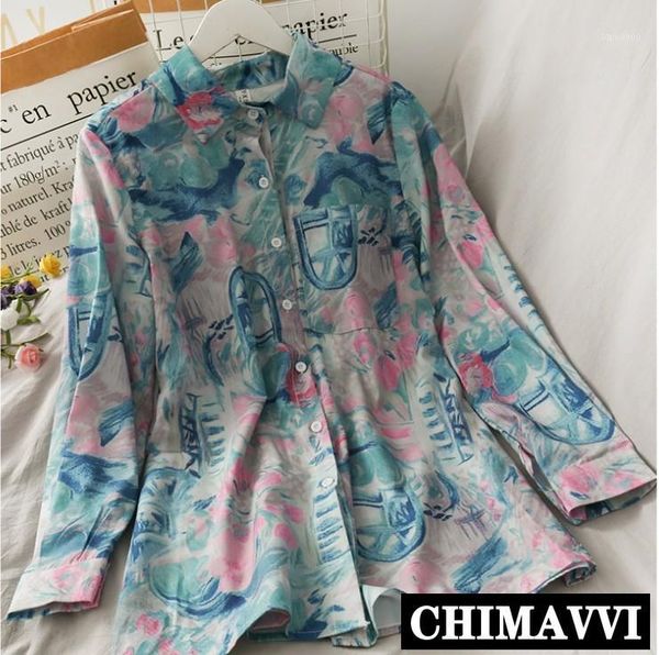 

retro printed loose blouse female 2020 autumn new single-breasted shirt women long-sleeved all-match cardigan, White