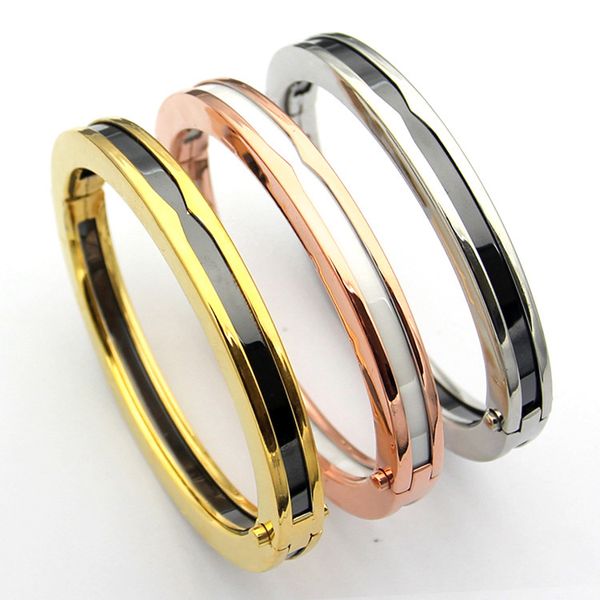 

europe america fashion style lady women titanium steel engraved b initials black/white ceramic gear wide bangle bracelets 3 color