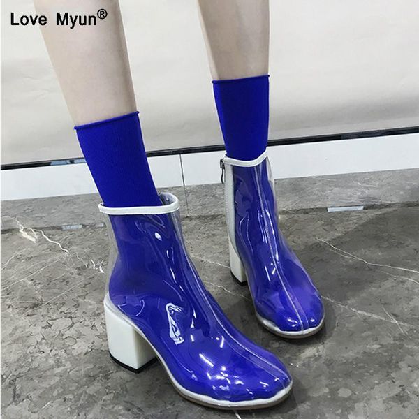 

pvc women boots transparent zipper high heels square heel rainboots fashion ankle boots rubber shoes1, Black