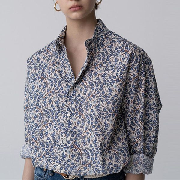 

vintage floral print womens cotton blouse long sleeve single-breasted casual lady shirt and 2021 new early autumn, White