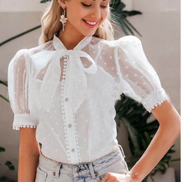 

summer see-through mesh blouse 2020 fashion ladies street casual elagant lace-up shirt1, White