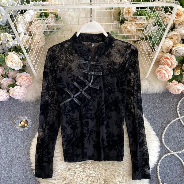 

китайский винтажный стиль прозрачный кружевной блузкой рубашка женщины элегантный ошейник мандарин с длинным рукавом тонкие упругих сексуаль, White