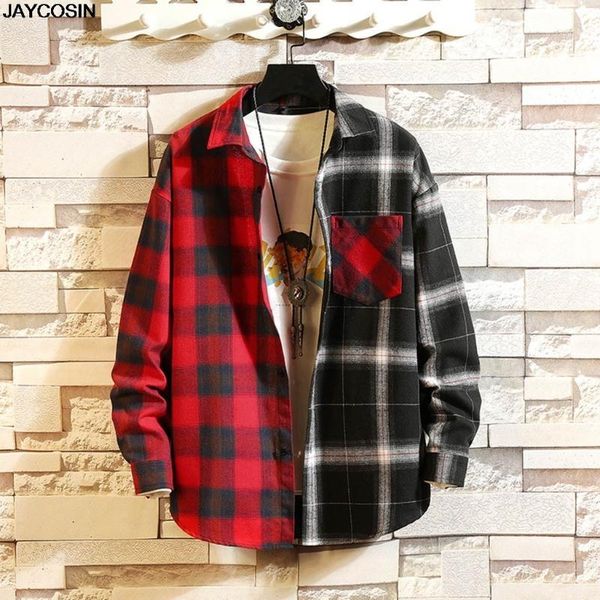 

klv shirts 2020 new men's spring summer casual long sleeve patchwork turndown collar plaid casual blouse shirt 12191, White;black