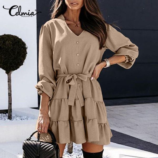 

5xl v-neck mini cake dresses celmia women 2020 fashion short vestidos casual loose lantern sleeve botton pleated robe femme, Black;gray