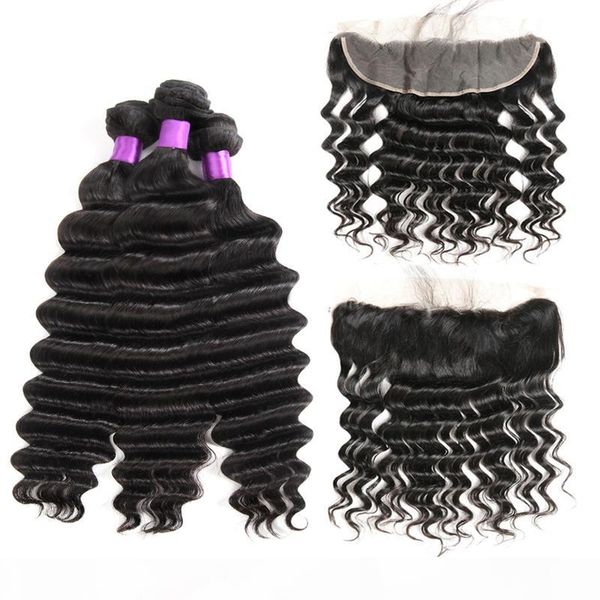 

8a unprocessed indian virgin hair loose deep wave 3 bundles with frontal human hair extensions natural color ing, Black;brown