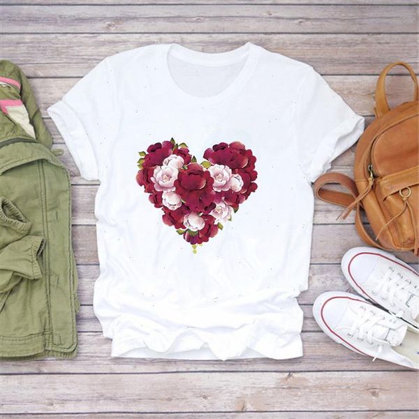 

2021 new fashion summer spring floral red flower print women t shirts short sleeve casual white graphic tee