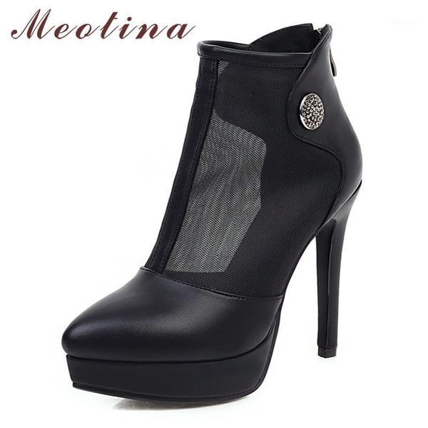 

meotina summer boots women shoes zipper platform thin heel short boots cutout extreme high heel shoes lady spring big size 33-431, Black