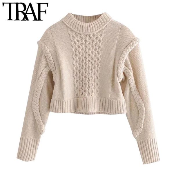 

traf women fashion with shoulder pads cropped cable-knit sweater vintage o neck long sleeve female pullovers chic, White;black