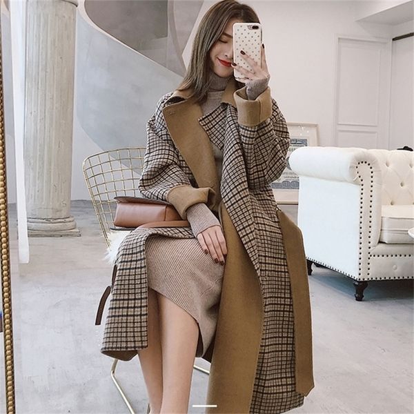 

[ewq] double breasted long sleeve plaid leisure oversize modern lady slim woolen coat korea khaki overcoat woman winter ql065 201218, Black