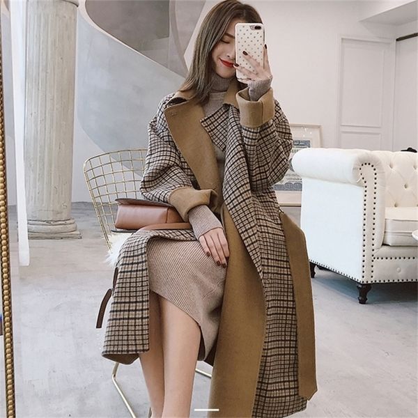 [EWQ] Doppiopetto a maniche lunghe scozzese per il tempo libero Oversize Modern Lady Slim Cappotto di lana Corea Khaki Soprabito Donna Inverno QL065 201218