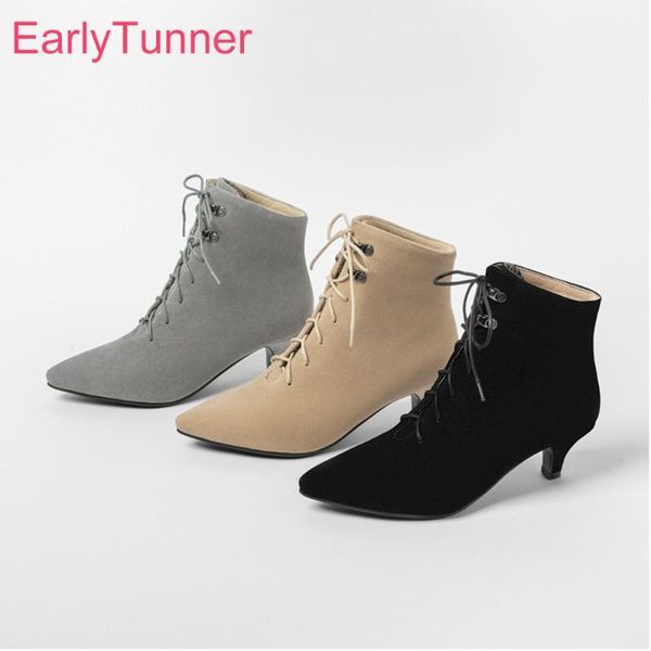 

boots 2021 autumn breathable black apricot women ankle lace up med spike heels lady shoes plus big small size 11 30 43 46 481