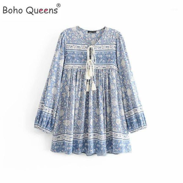 

boho queens women ethnic porcelain floral print long sleeve beach bohemian mini dresses ladies tie neck rayon happie dress1, Black;gray