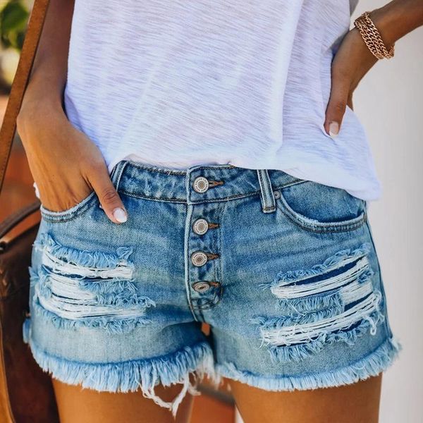 

woman summer denim shorts casual high waist curled jeans shorts fashion ripped 2021, Blue
