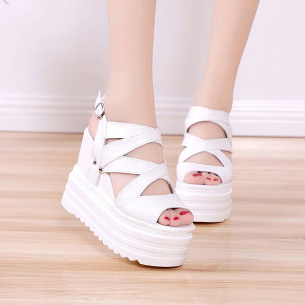 

high heels gladiator sandals women platform shoes 2019 summer fashion leather wedges female sandal chunky sandals for woman shoe y200702, Black