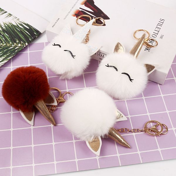 

plush key chain pu cute fox fur unicorn ball doll bag car pendant aapf66206620, Silver