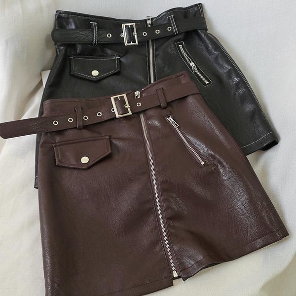 

pu leather casual a-line women skirt korean sashes pockets faldas mujer moda vogue solid high waist mini package hip skirts, Black