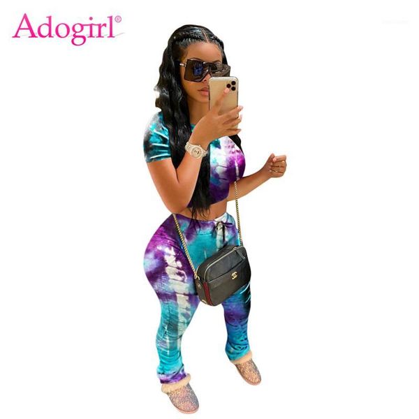 

adogirl tie dye print women tracksuit short sleeve t shirt crop ruched jogging pants casual two piece set female sportswear1, White