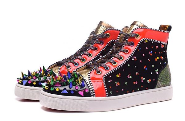 

new bottom broken backboard multi rhinestone designer casual shoes patent leather high sneakers colorful spike men sneake, Black