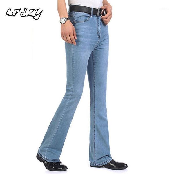 

color: dark blue light blue jeans male 2019 new men's jeans elastic flared pants men's micro-trousers slim1