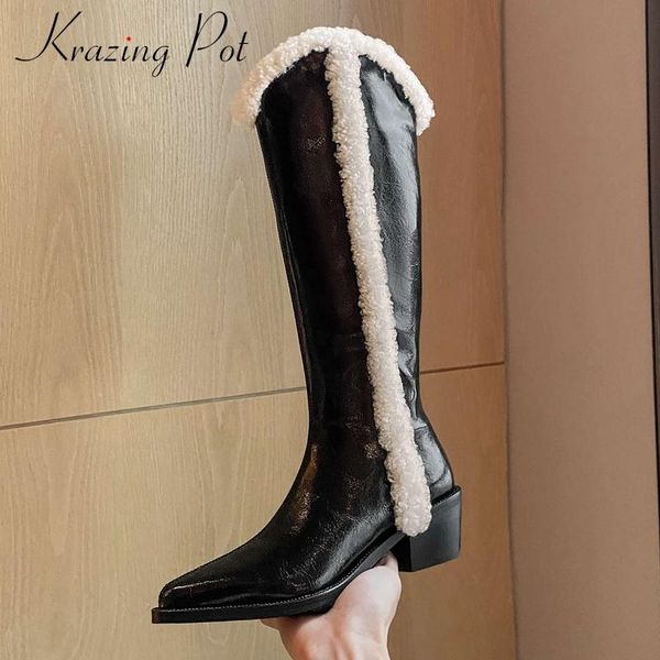 

krazing pot western boots split leather winter pointed toe thick high heel zipper warm pretty girls mature knee-high boots l72, Black