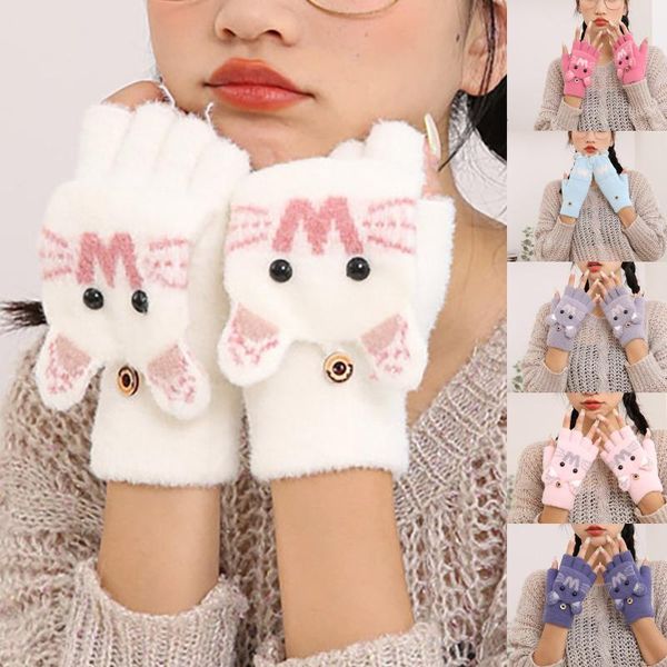 

five fingers gloves adorable girls winter featured animals cat dog panda design warm outdoor mittens kids costume accessory cute, Blue;gray